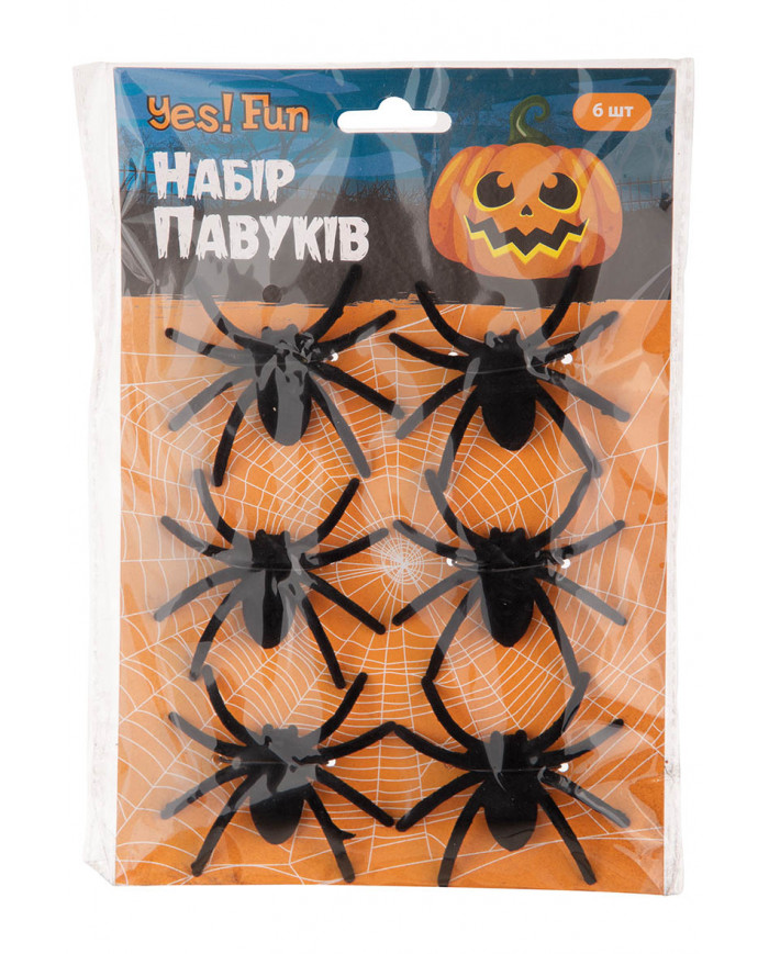 6 araignées noires en velours, diamètre 7 cm environ sur papier cartonné