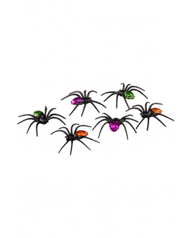 6 araignées en plastique avec poudre de paillettes, couleurs assorties, diamètre 8 cm environ sur papier cartonné