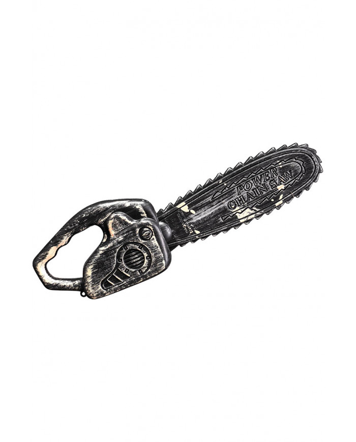 motosierra envejecida de unos 40 cm. de largo con etiqueta colgante/etiqueta