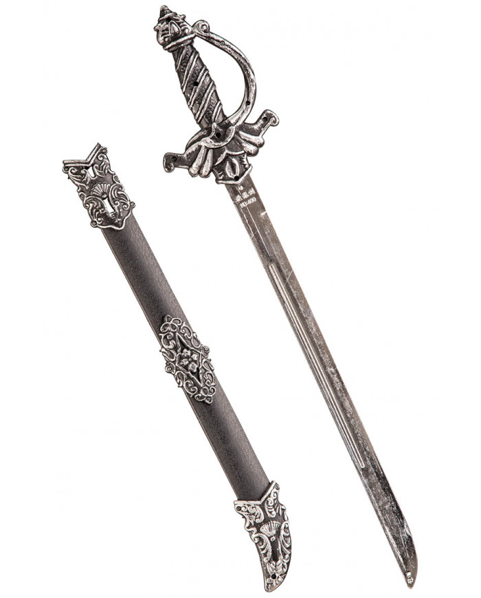 espada gris con funda y empuñadura de unos 33 cm. de largo con solapa de cartón