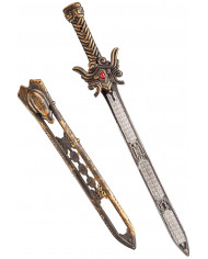 espada de bronce con funda y gema roja de unos 60 cm de largo con solapa de cartón