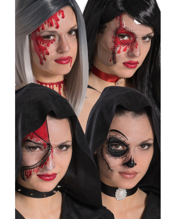 Transparent plastic chinless masks with assorted prints that
