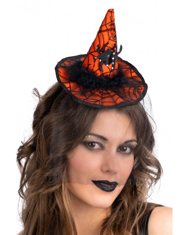 Cappellino strega arancione con ragno, veletta e cerchietto h.cm.14