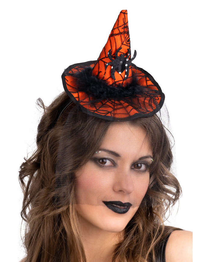 Cappellino strega arancione con ragno, veletta e cerchietto h.cm.14
