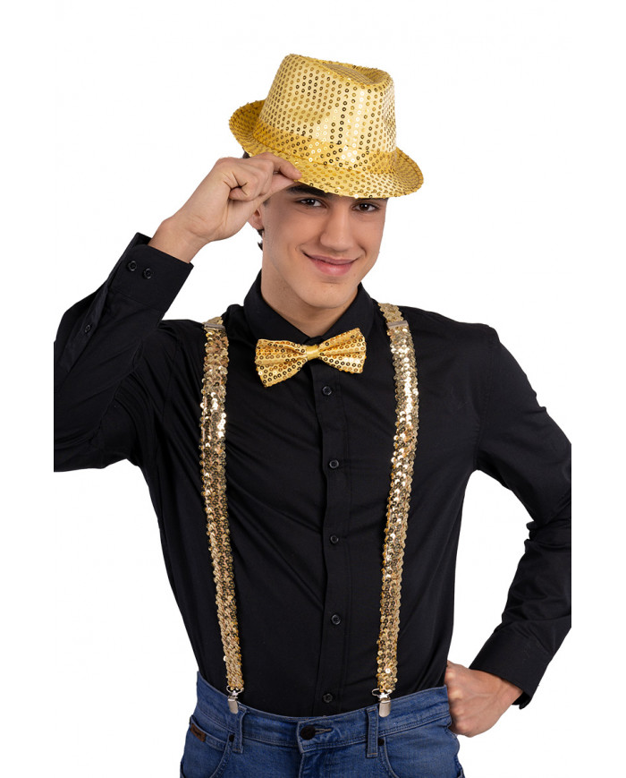 GOLDEN DISCO DANCE DISGUISE SET (HAT, BRACES, BOW TIE) ON CARD