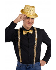Set disco dance oro (cappello, bretelle, papillon) su cartoncino