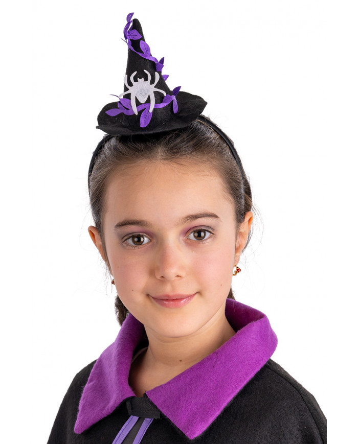 BLACK WITCH MINI HAT WITH SPIDER ON HEADBAND WITH HEADER