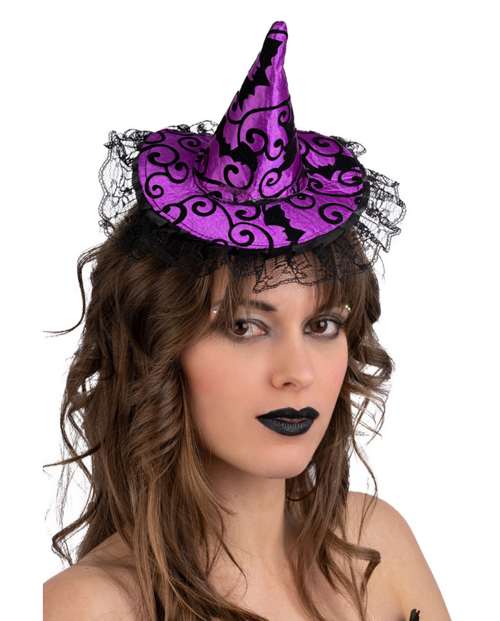 chapeau sorcière violet damassé avec serre-tête avec carte d’en-tête