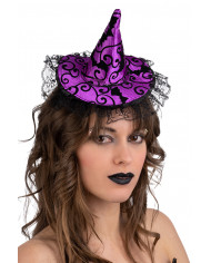sombrero pequeño de bruja morado damasco con diadema con solapa de cartón