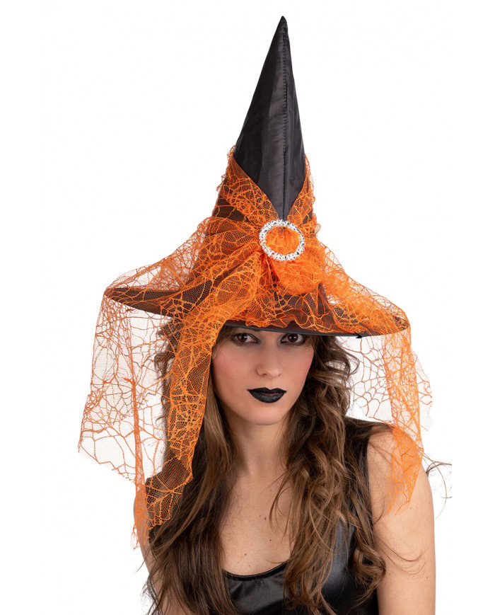 sombrero de bruja negro de tela plastificada con gasa naranja de unos 35 cm de alto con etiqueta colgante/etiqueta