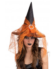 sombrero de bruja negro de tela plastificada con gasa naranja de unos 35 cm de alto con etiqueta colgante/etiqueta