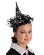 chapeau en satin noir avec nœud, dentelle et serre-tête avec carte d’en-tête