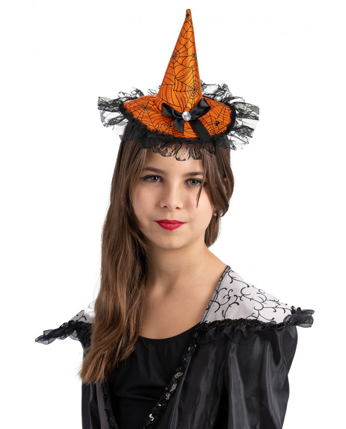 Cappellino  in raso arancione con fiocco e pizzo con cerchietto con cav.