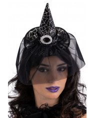 BLACK SATIN MINI HAT WITH BUCKLE AND VEIL ON HEADBAND WITH HEADER
