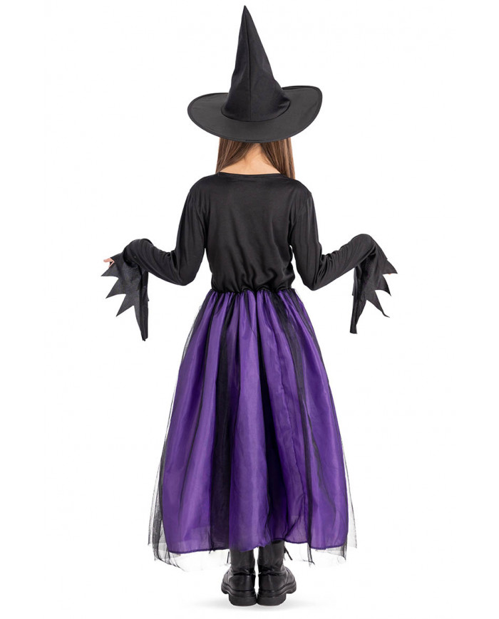 Disfraz de bruja morada en bolsa con gancho
