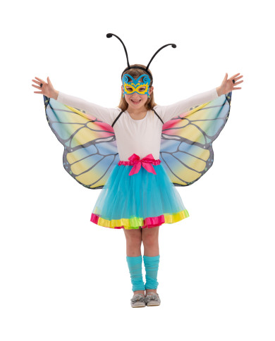 Conjunto mariposa multicolor (falda, alas, antifaz, diadema) en sobre c/cav.
