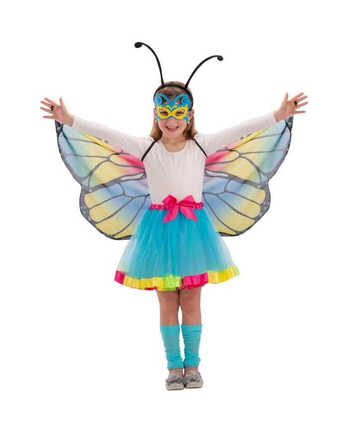 Set deguisement papillon multicolor (joupe, ailes, masque, serre-tete) dans sachet avec cavalier