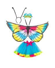 Conjunto mariposa multicolor (falda, alas, antifaz, diadema) en sobre c/cav.