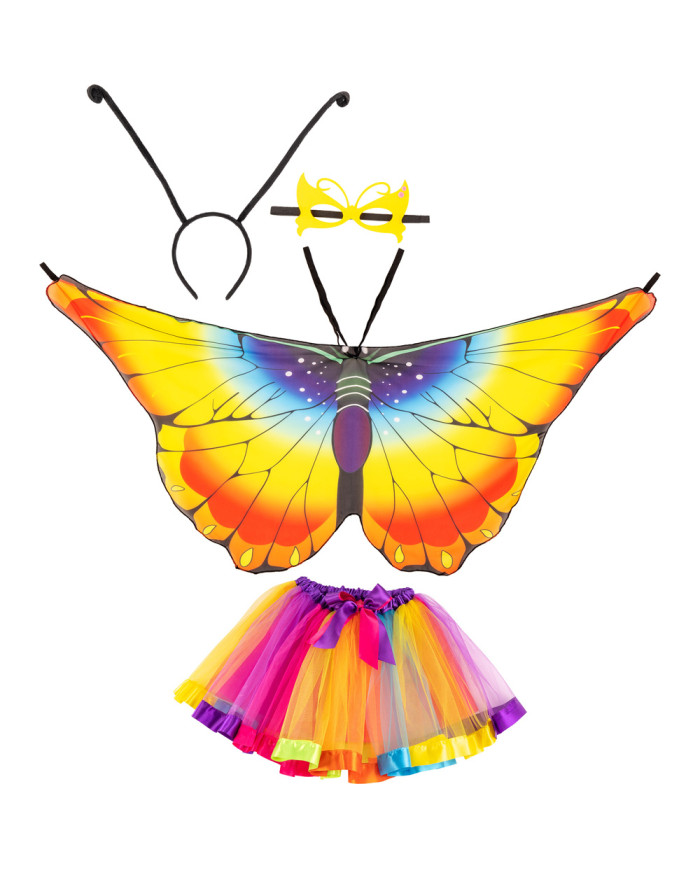 Set farfalla multicolor (gonna, ali, maschera, cerchietto) in busta c/cav.