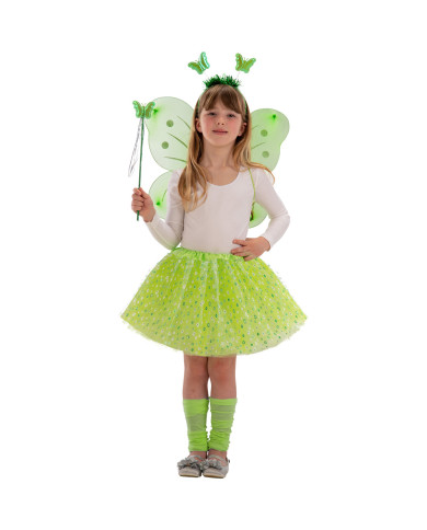 Conjunto mariposa verde (falda, alas h.cm 50x40 diadema, varita) en sobre c/cav.