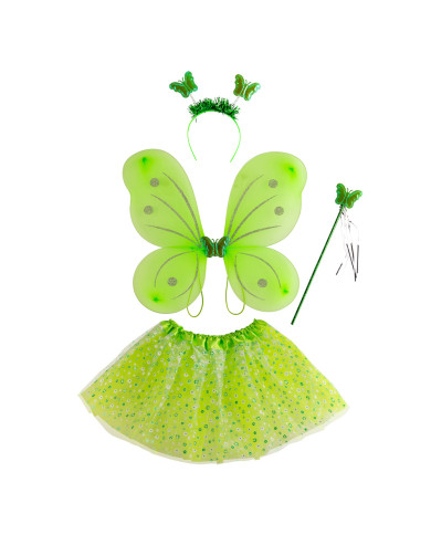 Conjunto mariposa verde (falda, alas h.cm 50x40 diadema, varita) en sobre c/cav.