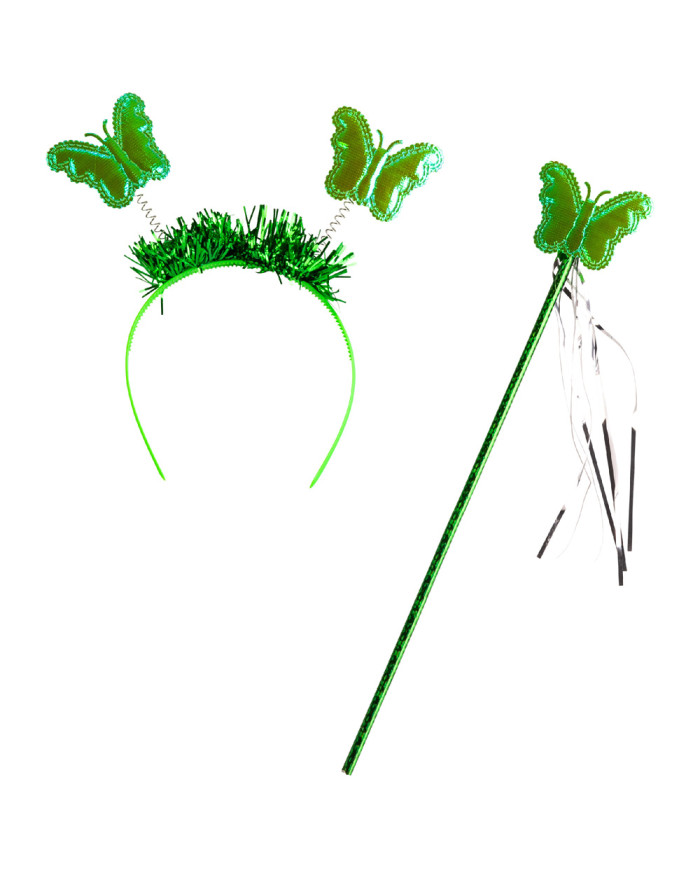 Set deguisement papillon vert (joupe, ailes cm 50x40, serre tete, baguette) dans sachet avec cavalier