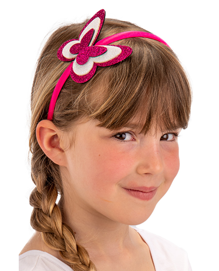 Serre tête papillon glitter fuchsia/blanc avec cavalier