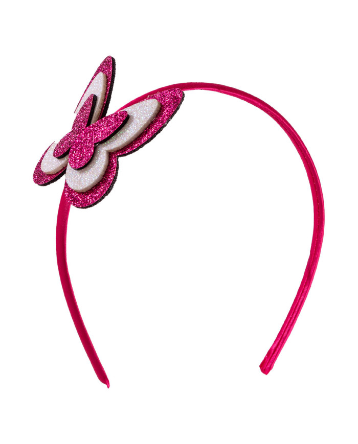 Serre tête papillon glitter fuchsia/blanc avec cavalier