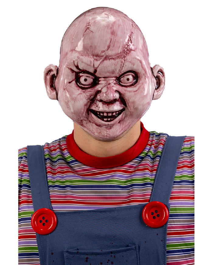 Horrorpuppen-Maske aus Plastik auf Pappkarton