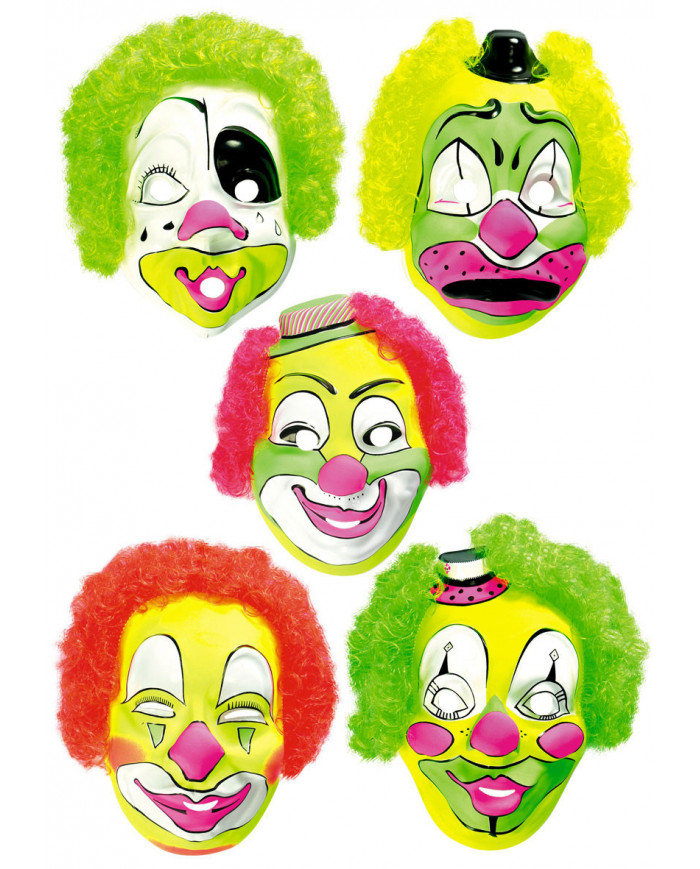 Assortment of plastic clown masks with fluorescent hair. They