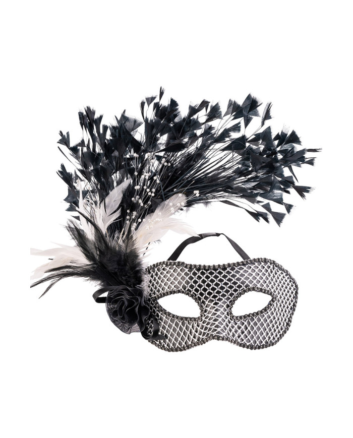 Black/silver mask with decorations and feathers on card