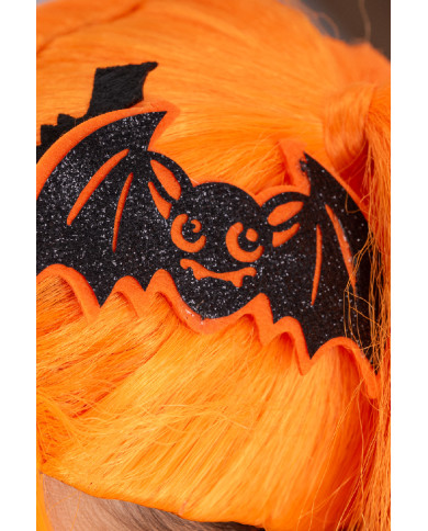 Peluca Halloween con coletas naranjas y murciélagos en bolsa