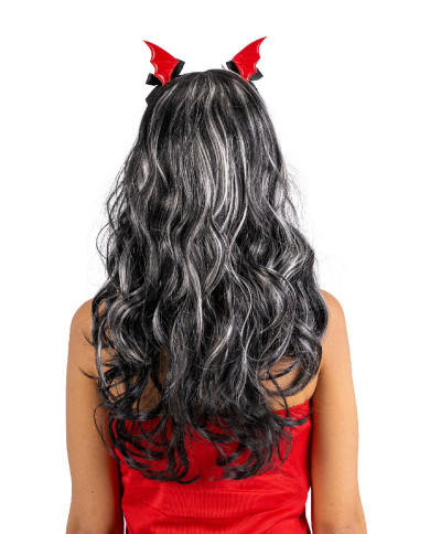 Perruque halloween avec épingles petites chauves-souris rouges, dans un sachet