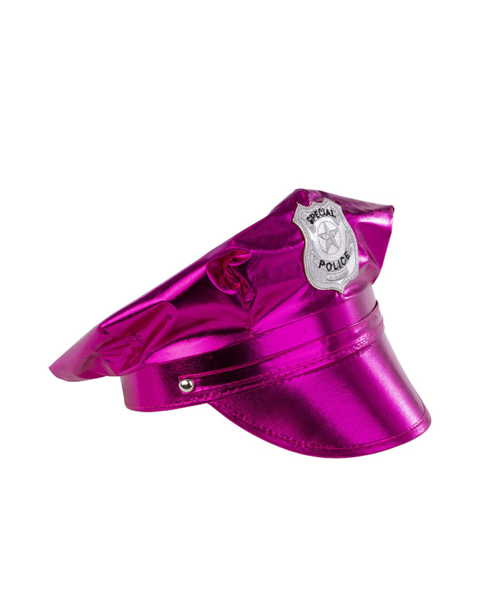 Ensemble déguisement disco police fuchsia (chapeau et épaulettes), sur papier cartonné