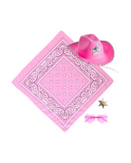 Ensemble déguisement shérif rose (chapeau, lunettes, bandana, badge), sur papier cartonné