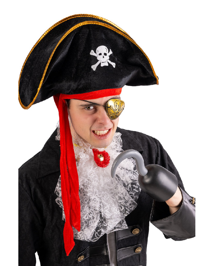 Set pirata (cappello, uncino, benda) in busta con cavallotto