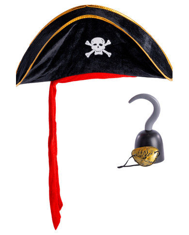 Conjunto pirata (sombrero, garfio y parche) en bolsa con solapa de cartón