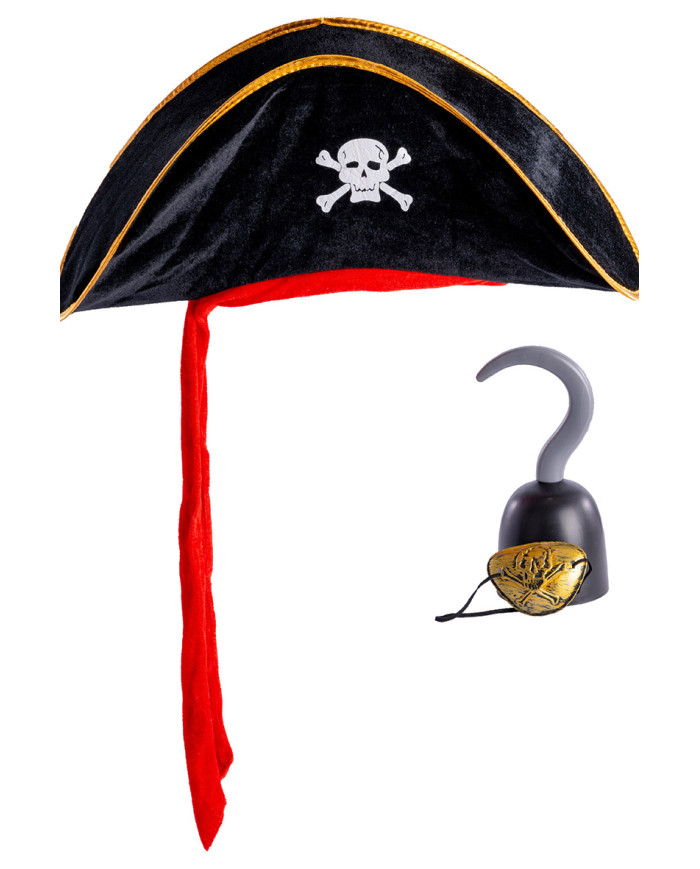 Piraten-Set (Hut, Hakenhand, Augenbinde) in Beutel mit Aufhänger