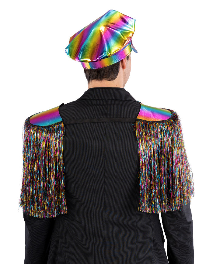 Ensemble déguisement disco police multi-couleurs (chapeau et épaulettes), sur papier cartonné