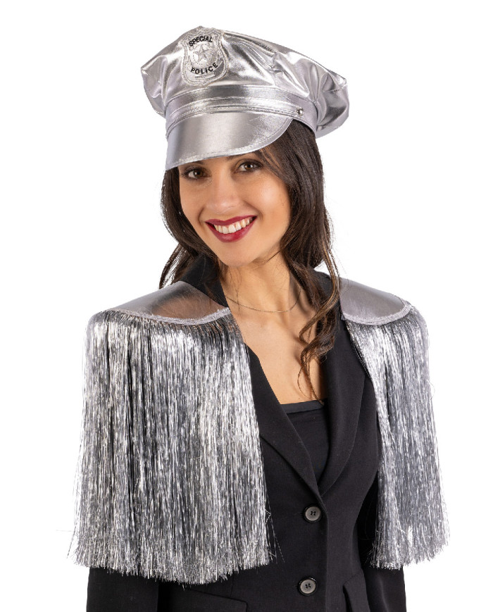 Set disco police argento (cappello e spalline) su cartoncino