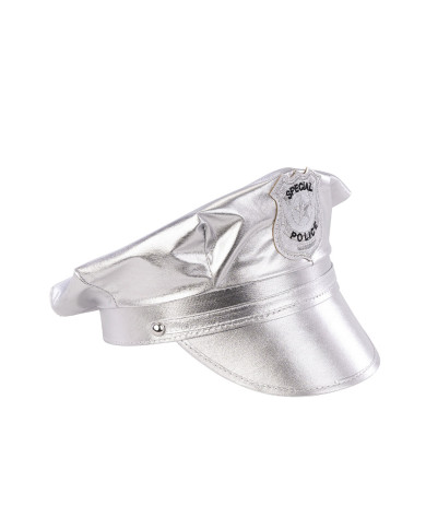 Conjunto disco policía plateado (gorra y divisas de hombro) sobre cartoncillo