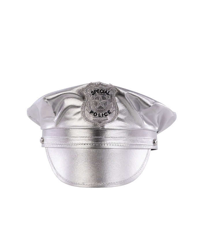 Ensemble déguisement disco police argenté (chapeau et épaulettes), sur papier cartonné