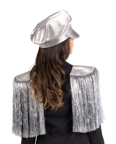 Conjunto disco policía plateado (gorra y divisas de hombro) sobre cartoncillo