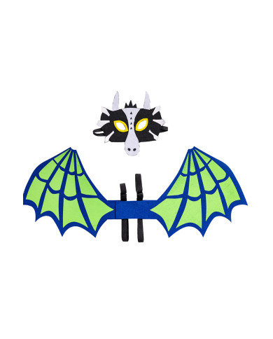 Conjunto dragón verde de fieltro (máscara y alas de 70 cm de alto x 28 aprox.) en bolsa con solapa de cartón