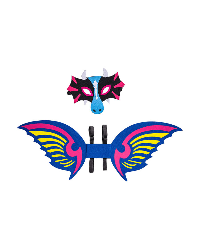 Conjunto dragón azul de fieltro (máscara y alas de 70 cm de alto x 26 aprox.) en bolsa con solapa de cartón