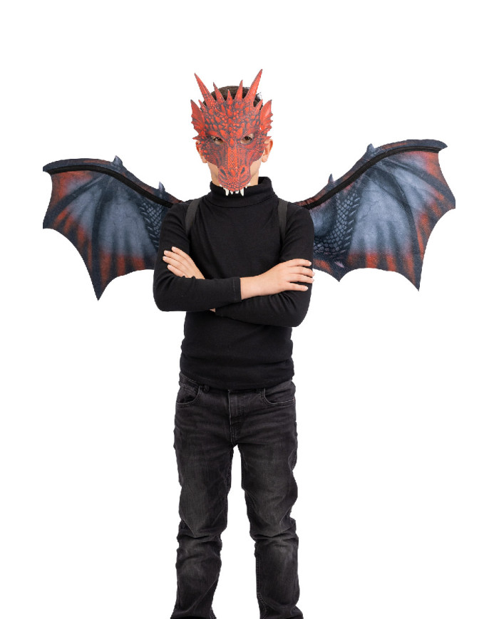 Boy red dragon set in fabric (wings h.cm.96x60 and mask) in pbh