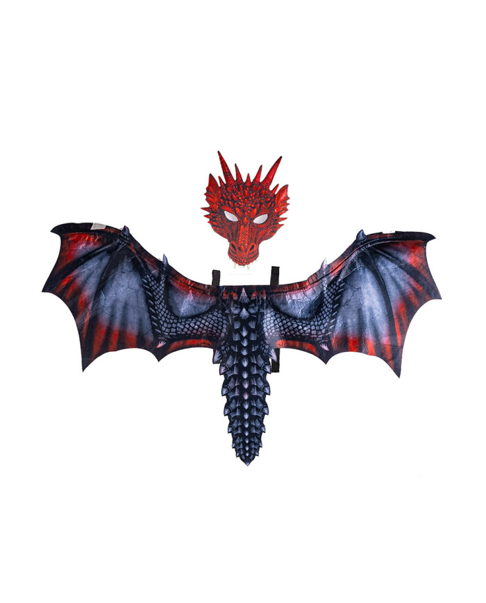 Ensemble déguisement dragon rouge pour enfant, en tissu (ailes h. 96x60 cm env. et masque), dans un sachet avec étiqu...