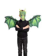 Boy green dragon set in fabric (wings h.cm.96x60 and mask) in pbh