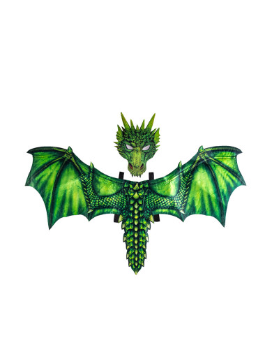 Boy green dragon set in fabric (wings h.cm.96x60 and mask) in pbh