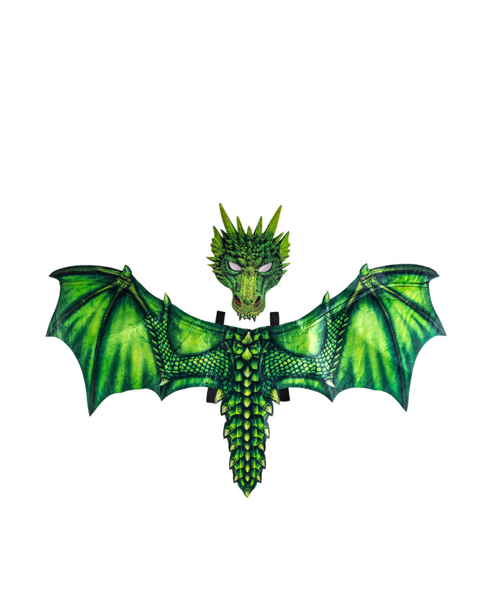 Conjunto dragón verde niño de tela (alas de 96 cm de alto x 60 aprox. y máscara) en bolsa con solapa de cartón